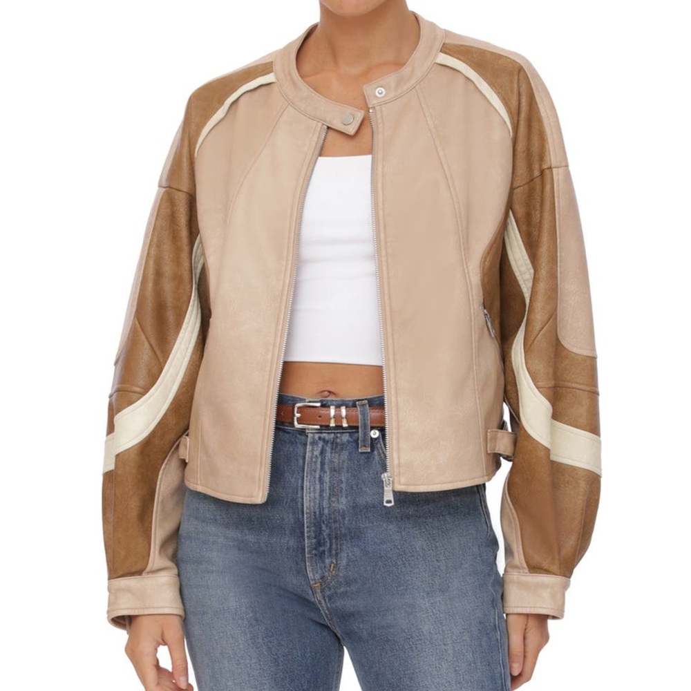 Avec Les Filles Faux Leather Racing Moto Bomber Colorblock Jacket NEW size Large - Picture 3 of 14